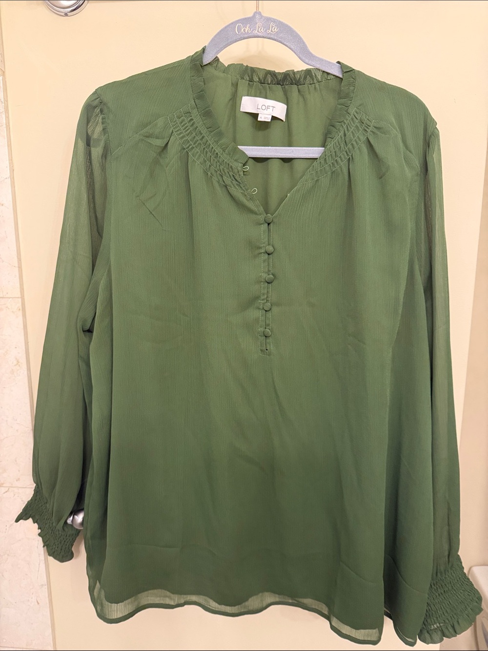 LOFT Olive Green Smocked Yoke Button-Front Blouse